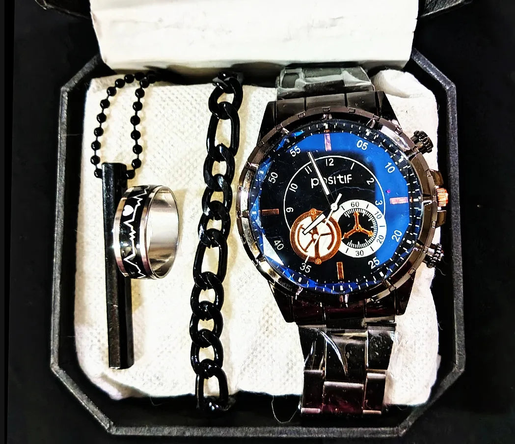 Pack Of 4 Top Fashion Men's Business Watch Deal -Elegant Mens Casual Watch +Chain Braclete +Heart Beat Ring+3D Bar Stick Locket-High Quality Business Watch In Random dial Design