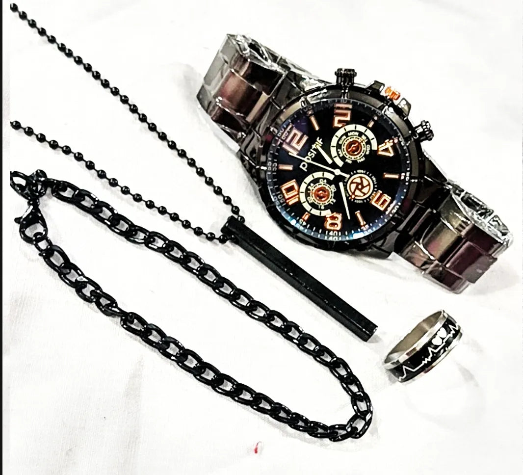 Pack Of 4 Top Fashion Men's Business Watch Deal -Elegant Mens Casual Watch +Chain Braclete +Heart Beat Ring+3D Bar Stick Locket-High Quality Business Watch In Random dial Design