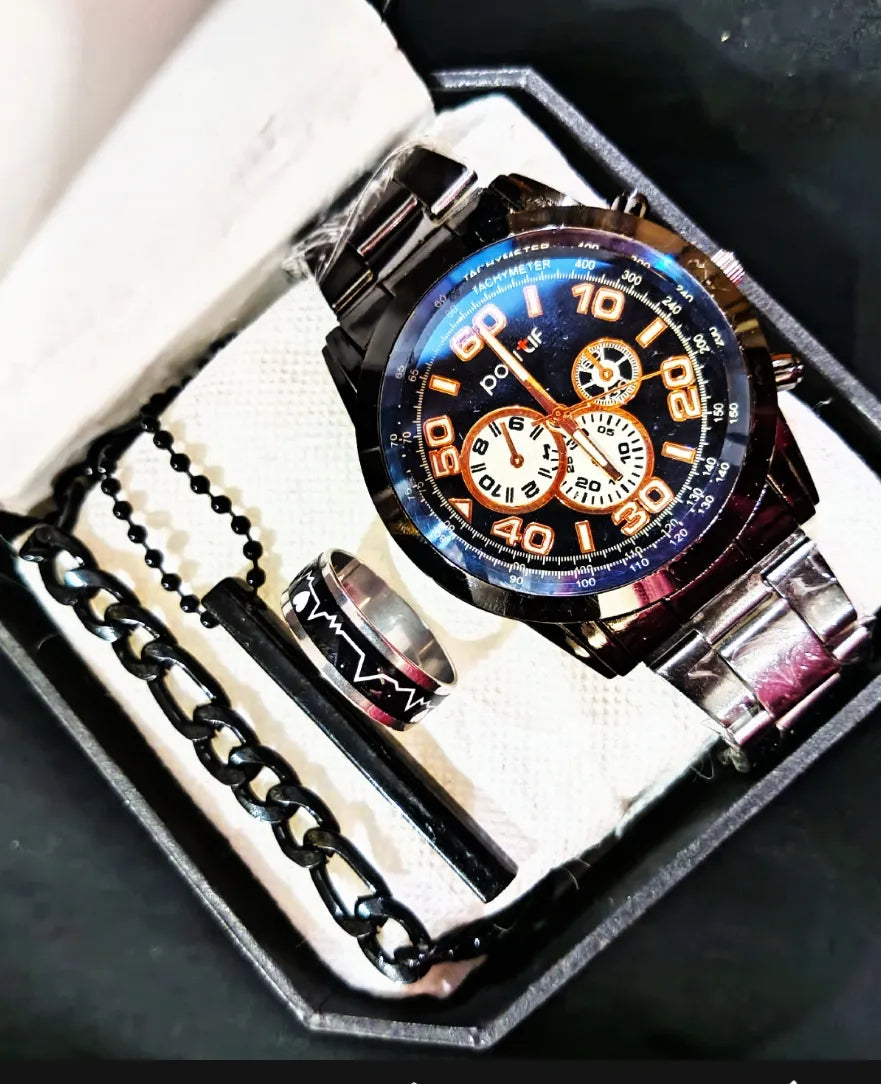 Pack Of 4 Top Fashion Men's Business Watch Deal -Elegant Mens Casual Watch +Chain Braclete +Heart Beat Ring+3D Bar Stick Locket-High Quality Business Watch In Random dial Design